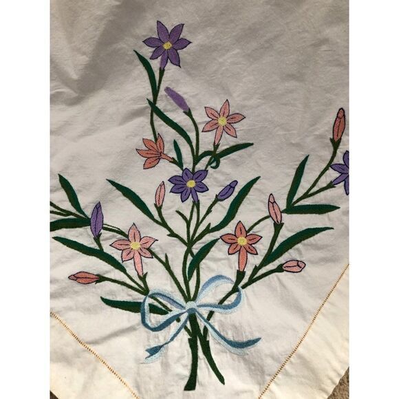 Vintage Hand Embroigered Tablecloth Floral 60” x 62” - Picture 3 of 6